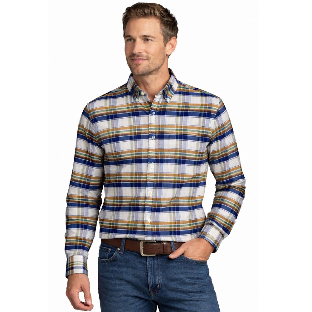 Eddie Bauer Plaid Shirt Mens XS Yellow Blue Peruvian Pima Cotton Button Down